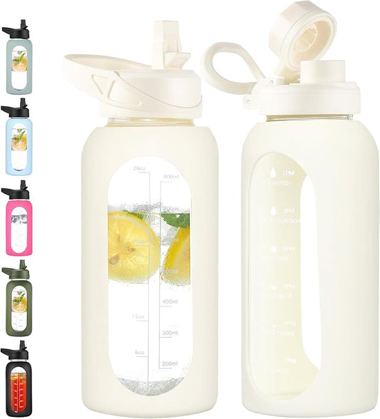 CIVAGO 32 oz Glass Water Bottle with Straw and Handle, Large Sports Motivational Water Bottle Flask with Time Marker and 2 Lids, Leakproof Water Jug Canteen with Silicone Sleeve for Gym,Cream