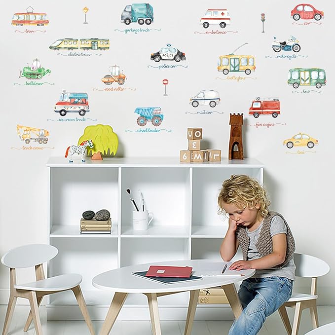 Wall Stickers Car for Boys Room Straight Roadway Wall Decals 38pcs Cartoon Cars Interior Stickers Toddler Travel Essentials for Car Trip Decalmile Vehicle Truck Stickers for Boy Bedroom Nursery