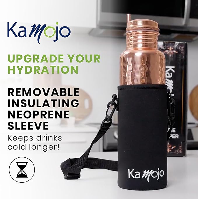 Copper Water Bottle for Drinking - Hammered Pure Copper Water Bottle with Leak Proof Lid, Removable Insulating Sleeve & Copper Straw - Handcrafted Copper Bottle for Men & Women 32 fl oz