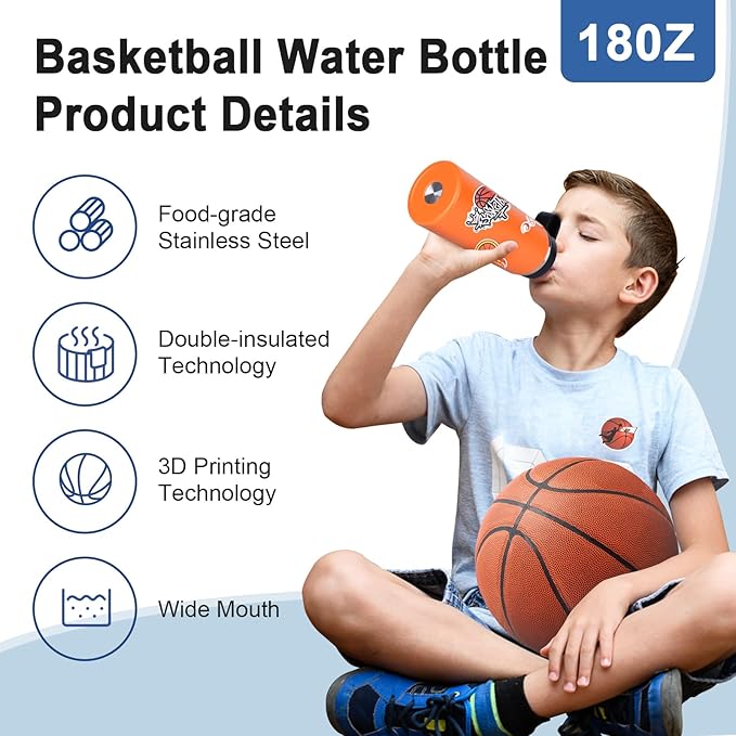 Basketball Gifts for 8-12 Boys Girls,Basketball Water Bottles and 50PCS Stickers Dirp Stuff for Player Kid(18OZ)