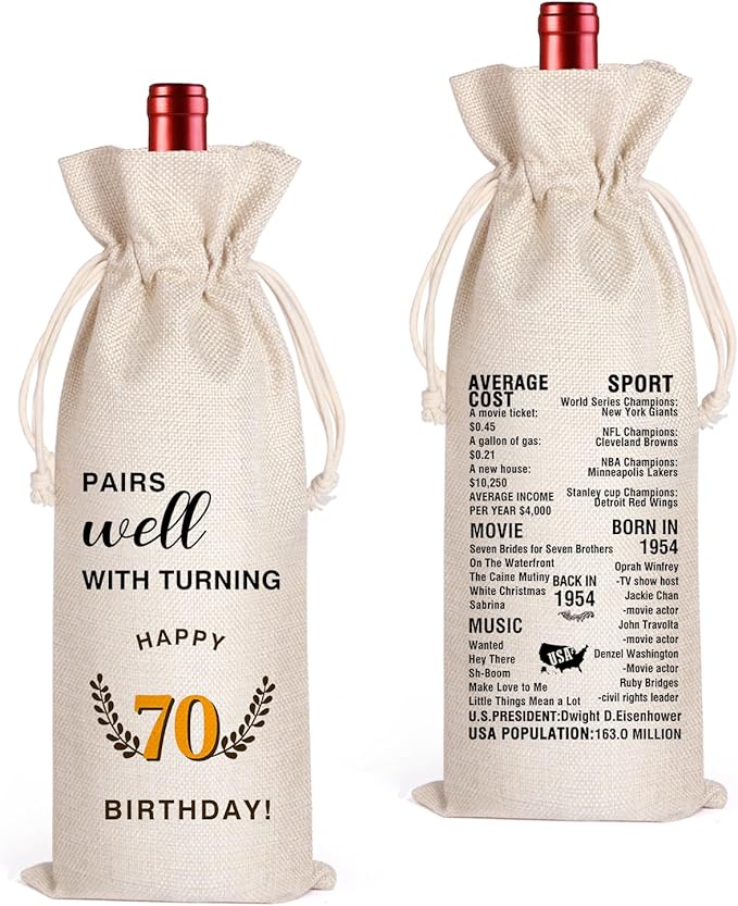 LANBAIHE 70th Birthday Gifts for Her,70th Birthday Gift for Women Men, 70 Years Old Birthday Gifts Wine Bag, 70th Birthday Decorations Party Supplies-1954 Birthday (70 BIRTHDAY)