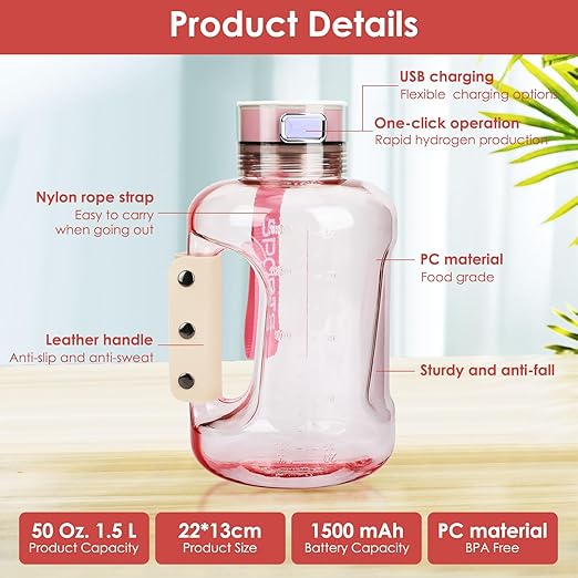Hydrogen Water Bottle Generator, 1.5L Large Capacity Hydrogen Water Bottle for Home Outdoor, Travel, Office (Pink)