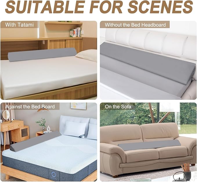 WdFour Bed Wedge pillow, close off Headboard, wall and Mattress Gap. incline, slanted sweat-proof pillow for neck and back pain relief anti-snoring for comfortable sleeping.(Gray,39Wx10Dx6H)