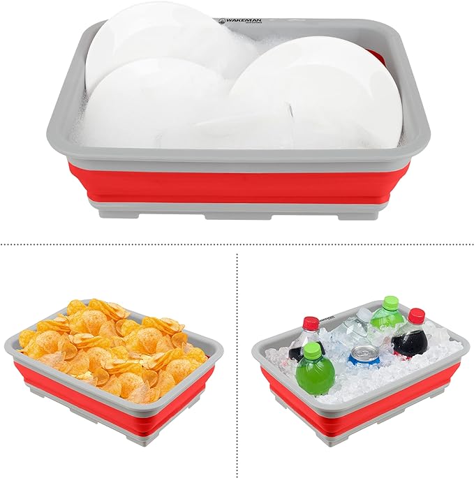 Collapsible Cleaning Caddy - Portable Multi-use Wash Basin, Dish Tub, or Ice Bucket with 7.27L Capacity for Camping and Tailgating by Wakeman (Red)