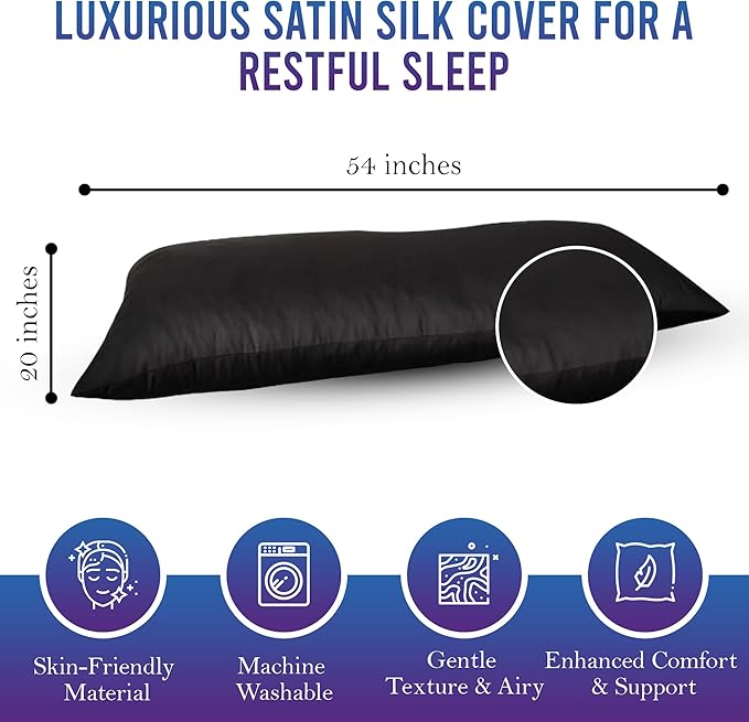 Memory Foam Body Pillow (Black, 20 x 54 Inch) - Full Body Pillows for Adults - Large Body Pillow Insert with Pillowcase for Back & Side Sleepers, Black Silk Body Pillow Cover & Silk Bonnet
