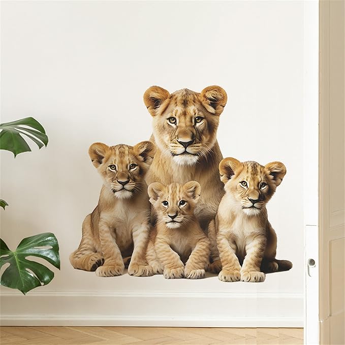 Lion Wall Decals, Vinyl Removable 3D Stickers for Bedroom Nursery Decor - Peel and Stick Cute Baby Girl Boy Toddler Kids Room Art Decoration, Woodland Forest Safari Jungle Mural Waterproof
