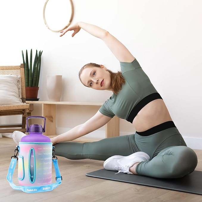 QuiFit 1 Gallon Water Bottle - with Straw & Motivational Time Marker Leak-Proof BPA Free Reusable Gym Sports Outdoor Large(128OZ) Capacity Water Jug(Purple/Blue with Sleeve,1 Gallon)