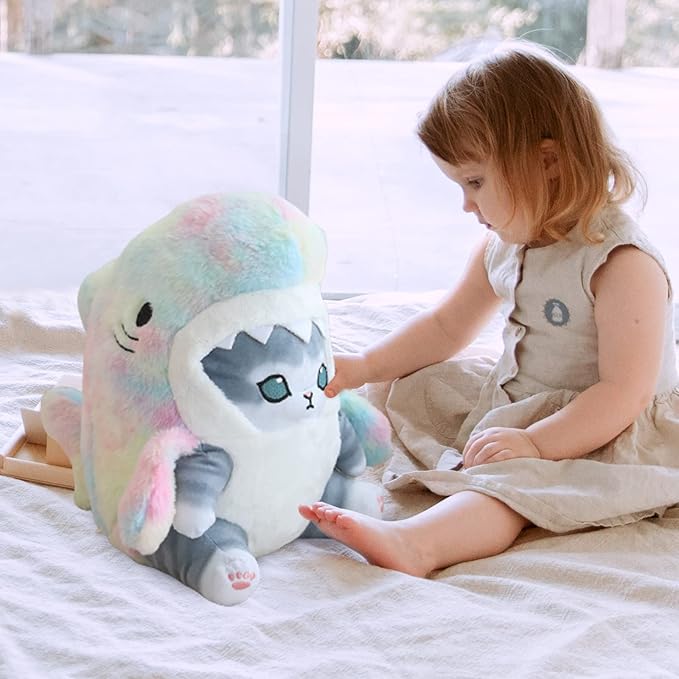 Kawaii Shark Cat Plush Toy Stuffed Animal Doll, Cute Soft Pillow Stress Release Hugs Toys Christmas Halloween Birthday Gifts for Kids Boys Girl Best Gift (Colorful - Gray,15 inch)