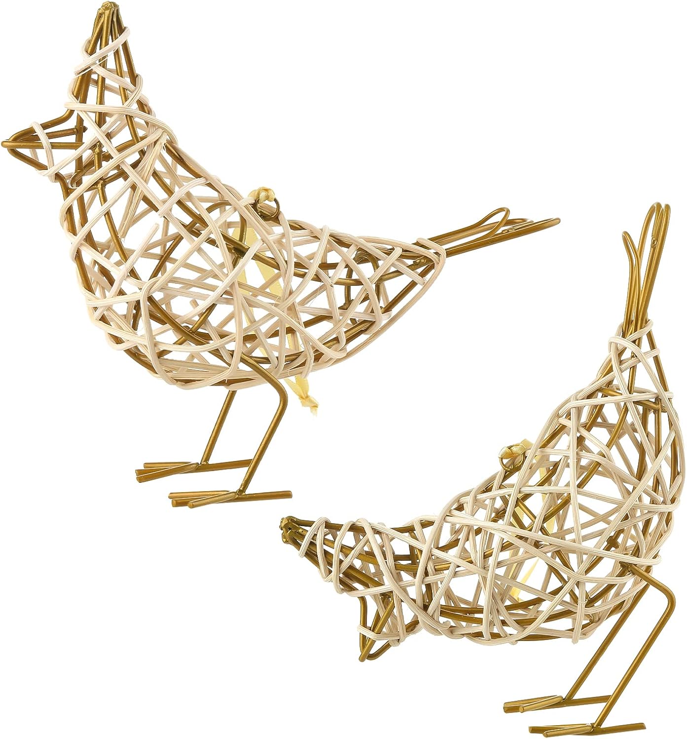 White Woven Bird Duo - Metal & Rattan Tabletop Sculptures, Modern Boho Decor with Detachable Memo Clips and Christmas Ornament (6x5.5x2.3in)