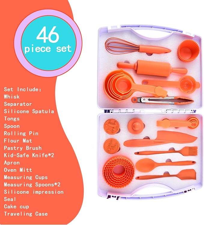 Cooking Set for Kids, 46 Piece Real Cooking Kids Baking Set with Organizer Carrying Case Girls, Kitchen Tools Kids Knife Set for Kid, Toddler, Gift, Toys