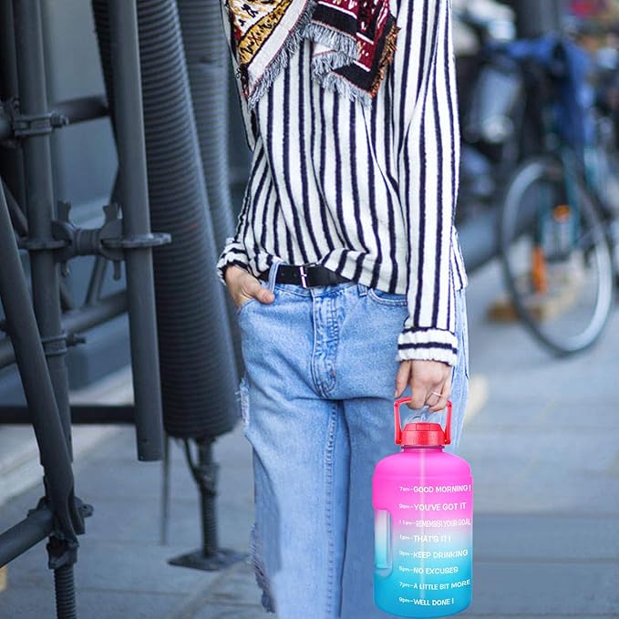 QuiFit Half Gallon Water Bottle - with Straw & Motivational Time Marker Leak-Proof BPA Free Reusable Gym Sports Outdoor Large(73OZ) Capacity Water Jug(Pink/Blue Gradient,Half Gallon)