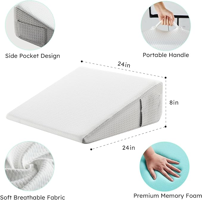 Wedge Pillow with Extra WashableReplaceable Cover, 8 inch Elevated Support Bed Wedge Pillow, Triangle Pillow Wedge for Sleeping Acid Reflux, Post Surgery, Sleep Apnea,Gerd, Memory Foam