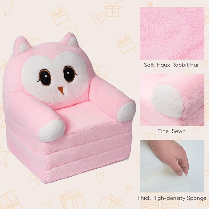 Kids Sofa Chair for Toddler, 2-in-1 Folding Soft Baby Couch with Removable Cover, Comfy Plush Children's Recliner, Convertible Floor Sofa Bed to Lounger for Girls Boys Age 1-3,Owls Pink