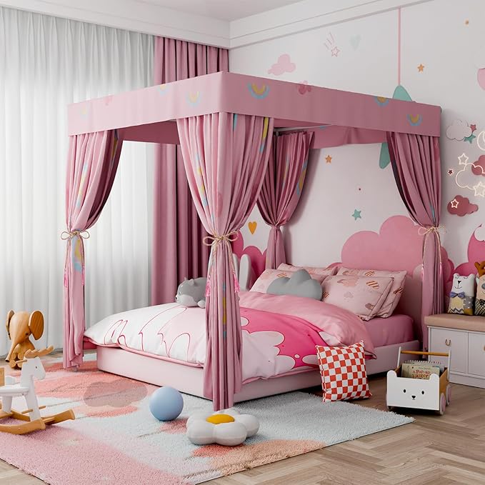 Hvqic Pink Canopy Bed Curtains - 4 Corner Post Bed Curtains Lightproof Princess Bed Canopy for Girls Rainbow Canopy Bed Curtains for Kids Room Decor(Queen,Pink-Cloud)