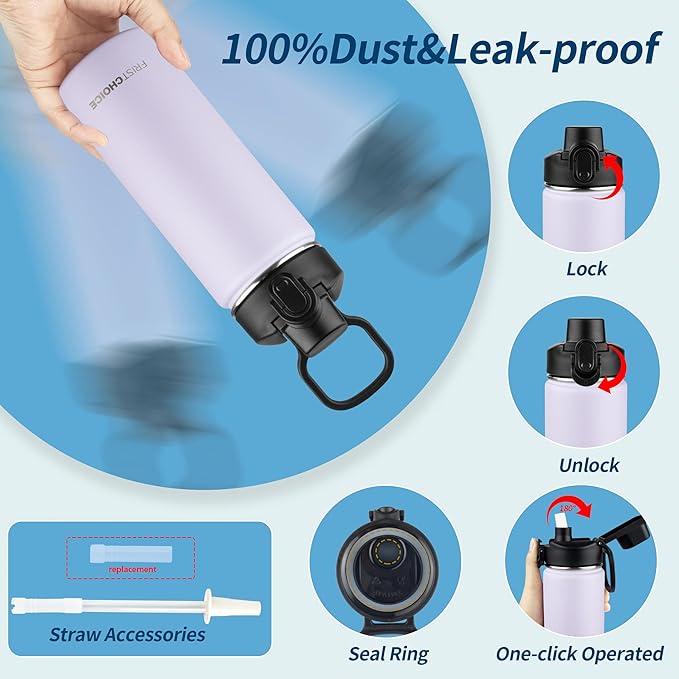 Insulated water bottle with Straw,18oz Stainless Steel Water Bottle for Adult Kids,Double Wall Vacuum Wide Mouth Insulated Water Bottle for School,BPA-free and Leak-proof（18oz,Lavender）