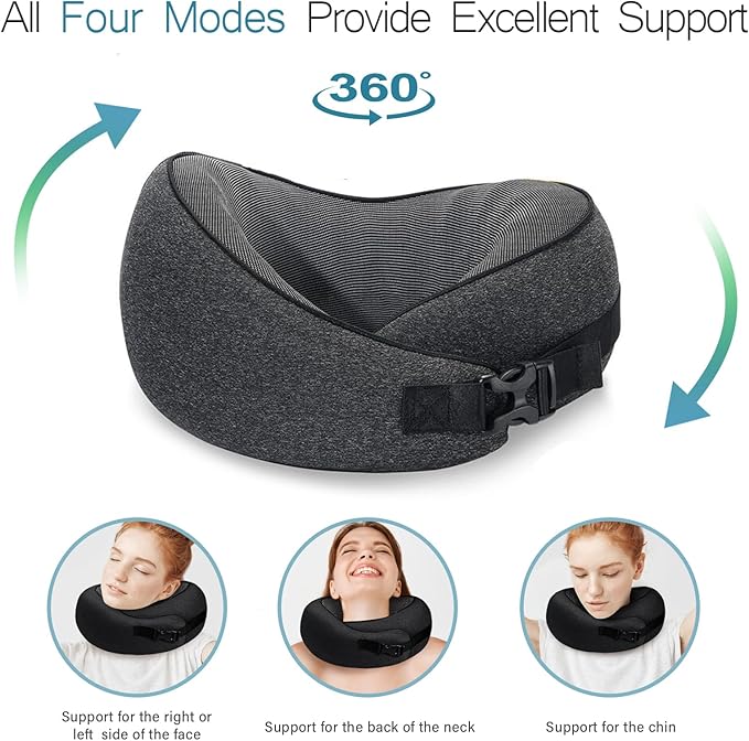 PORTHOLIC 2024 Upgraded Travel Neck Pillow with Buckle,100% Pure Memory Foam Travel Neck Pillow for Airplane Travel Flight Headrest Sleep, Portable Plane Accessories (Black)