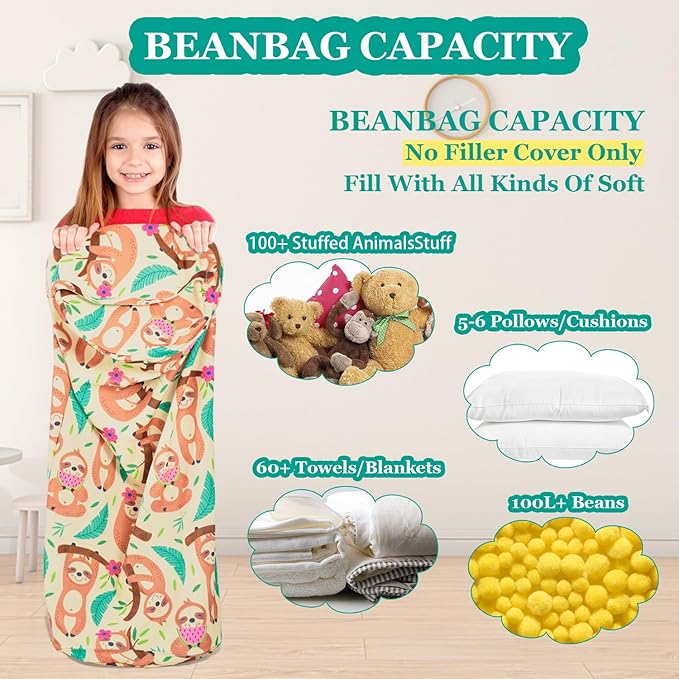 Stuffed Animal Bean Bag Storage Chair for Kids Cover Only (No Filler), Organize, Sit, Play & Boxing, 100% Cotton Canvas Washable, Ultra Soft Cylinder Long Vertical Zipper Best Gift for Child
