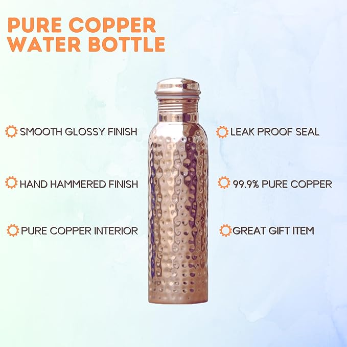 Copper Water Bottle 34oz, Hammered Copper Bottle with Lid Leakproof, Ayurvedic Copper Vessel to Drink More Water for Yoga Gym Sports Travel Daily Use