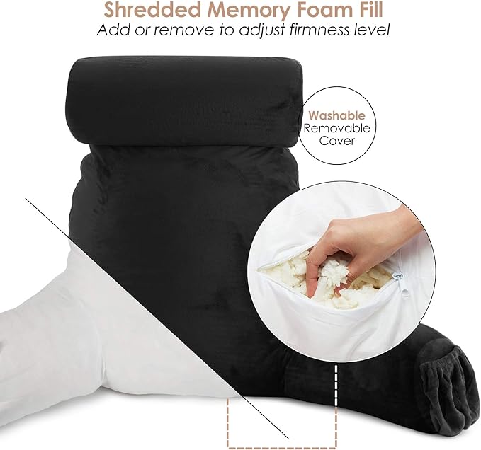 Nestl Reading Pillow Large Bed Pillow, Back Pillow for Sitting in Bed Shredded Memory Foam Chair Pillow, Reading & Bed Rest Pillows Black Back Pillow for Bed, Bed Chair Arm Pillow with Pockets