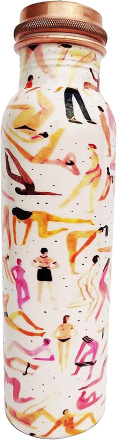 Pure Printed Copper Water Bottle - Leak Proof Ayurvedic Drinkware Copper Vessel for Sports, Gym, Outdoors, Yoga, Health Benefits (30 oz)