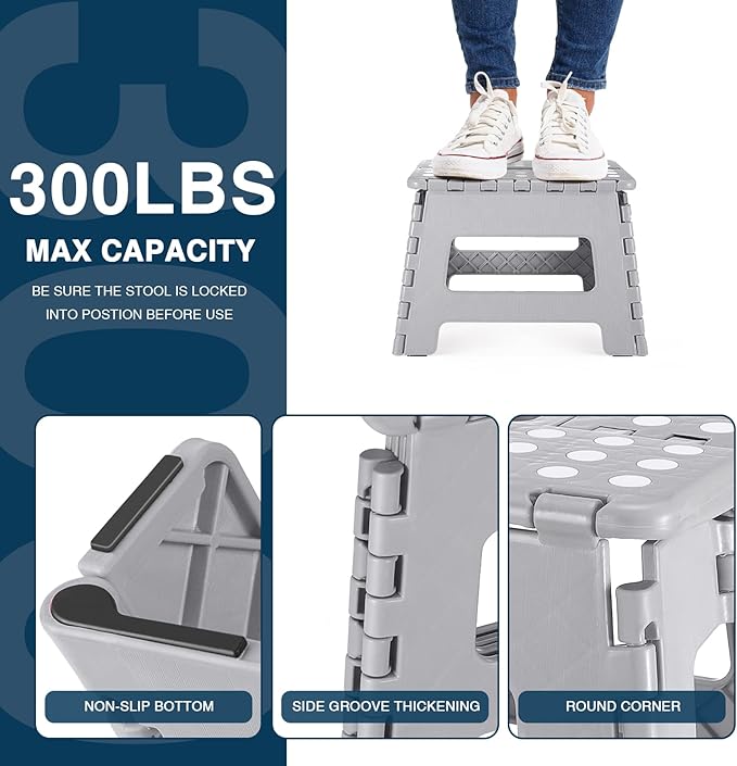 Folding Step Stool 9", Kids Step Stool, Heavy Duty Step Stools for Adults, Compact Foot Stools, Light-Weight Toddler Step Stool for Kitchen, Bathroom, Holds Up to 300 lbs (Grey)