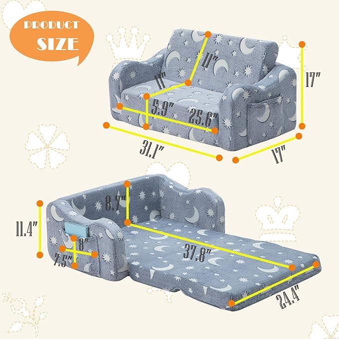 Baby Toddler Sofa Couch for Kids Extra Wide 2-in-1 Foldable Toddler Fold Out Couch Bed for Playroom, Pull Out Children Convertible Sofa to Lounger for Boys & Girls with Double Pockets, Grey Moon