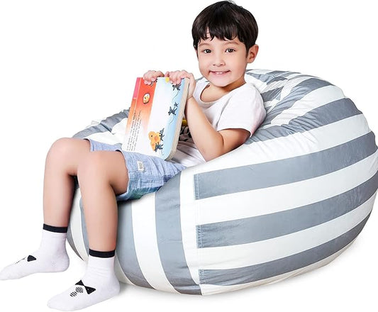 Lukeight Stuffed Animal Storage Bean Bag Chair Cover for Kids, Zipper Beanbag Chair Cover for Organizing Toddler and Kids' Rooms Plush Toys (Gray+White Velvet, Large)