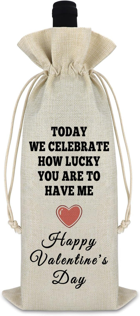 Gfhzdmf Valentine's Day Gift for Wife Husband Wine Bag Happy Valentine's Day Giift for Women Men Drawstring Wine Wrap Bag Proposal Anniversary Wedding Gift Reusable Burlap Wine Bottle Cover