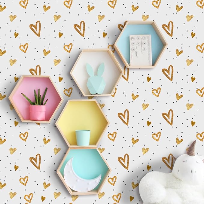 Amaonm Removable 15.8 x 98.4inch Lovely Gold Heart Wall Decals DIY Wallpaper Wall Stickers Murals Decor for Kids Babys Girls Bedroom Teens Nursery Living Room Door Desk Decoration (Heart)