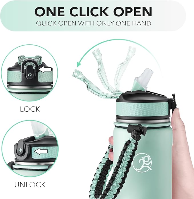 GOSWAG Insulated Sports Water Bottle, 24oz 2 Lids(with Straw/No Straw), Stainless Steel Water Bottles with Paracord Handle, Insulated Thermos with Double-Wall Vacuum Insulation