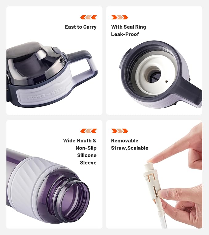 TKK 20oz Sports Water Bottles with Removable Straw Durable BPA Free Tritan Bottles Leak-Proof Water Bottles for School, Fitness, Gym, Outdoor, Purple