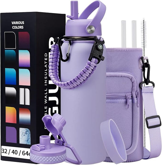 40 oz Water Bottle with Straw - Insulated Vacuum Water Flask with Straw & Auto Spout Lid, Paracord Handle & Carrying Pouch, Keep Cold 48H Hot 24H, Sweat-Proof Thermal Water Jug with Strap for Hiking