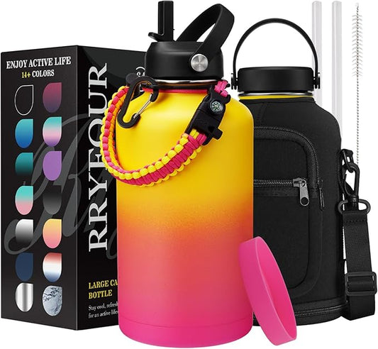 Half Gallon Insulated Water Bottle - Combo Carrier Bag with Strap, Paracord Handle, Straw & Flex Cap, Silicon Bottle Boot, Large Water Bottles 64 oz, Sweat Proof Metal Vacuum Flasks 1/2 Gallon Jug