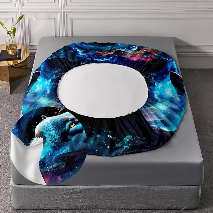 AILONEN Wolf Fitted Sheet Set Full Size, Space Galaxy Wolf Bed Sheet Set for Boys Girls,Howling Wolf Safari Wolf Breathable Fitted Sheet and 2 Pillowcases,3 Pieces