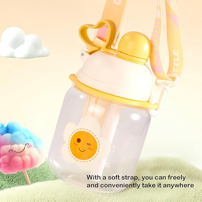 27oz Toddler Water Bottle, Tritan Sports Water Bottle with Straw, Plastic Water Bottle with Soft Strap, Kids Water Bottle for School, Includes Fruit Infuser Strainer, Leak-Proof, BPA Free, Yellow