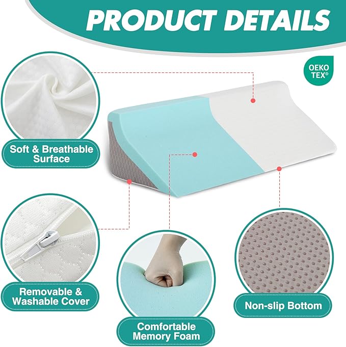 Wedge Pillow for Side Sleeping, Bed Wedge& Body Positioners, Back Pillow for Pregnancy, Back Pain, Leg Elevation and Side Sleepers, Memory Foam Body Pillow, Anti-Slip Base, White/Grey