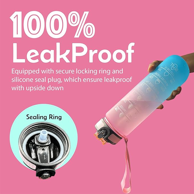 Yaa Fresh Water Bottles, 32oz Motivational Sports Water Bottle with Time Marker-Times to Drink-Tritan, BPA Free, Leakproof water bottle (1 Pack) (Pink-Blue), 1101-1