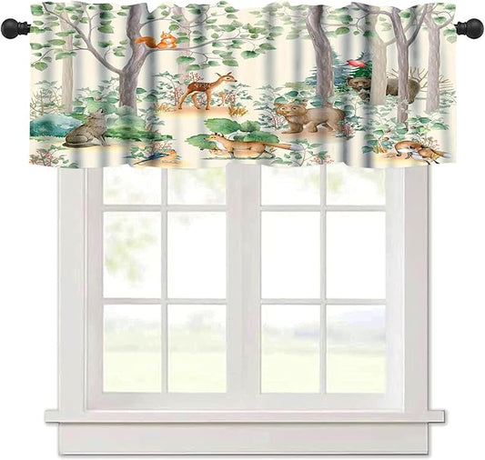 Forest Animal Kitchen Valances,Fox Elk Bird Animal Watercolor Woodland Print Kitchen Curtains Valances Kids Nursery Bedroom Living Room Cafe Home Decoration 54x18 Inch, 1 Panel
