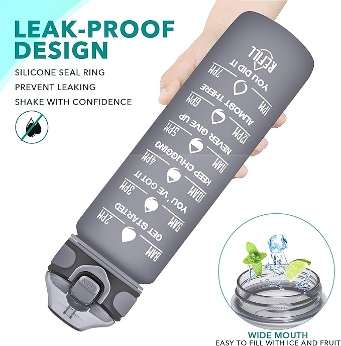 Enerbone 32 oz Drinking Water Bottle with Times to Drink and Straw, Motivational with Carrying Strap, Leakproof BPA & Toxic Free, Ensure You Drink Enough Water for Fitness Gym Outdoor