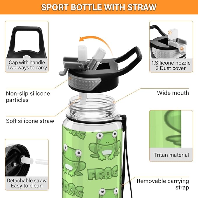 Water Bottle with Straw Kawaii Frogs Green Sports Bottles BPA-Free Tritan Water Jug with Carrying Strap for Women Men Gym Outdoor Sports