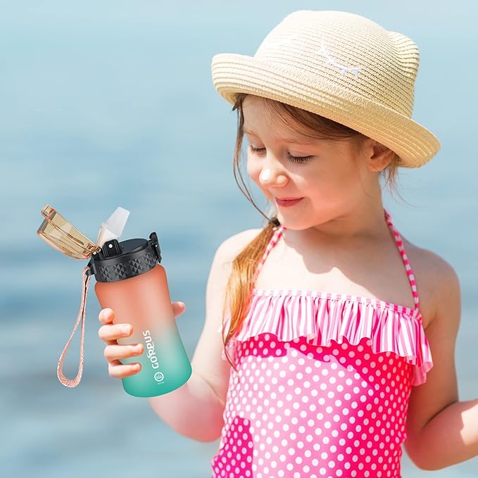 GOPPUS Kids Water Bottle with Straw Spout Lid 10pcs Stickers 12 oz Leak-proof BPA Free Motivational Time Marker Tritan Plastic Water Bottles for Girls Boys School Sports