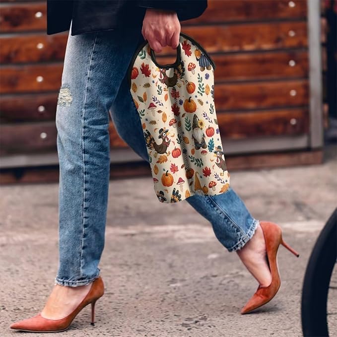 doginthehole Thanksgiving Gnomes Wine Bottle Tote, 750ml 2 Bottles Hand-Held Neoprene Wine Bottle Bag Hand Bag for Travel with Carry Handle, Fall Pumpkin Turkey Champagne Bottles Carrying Case