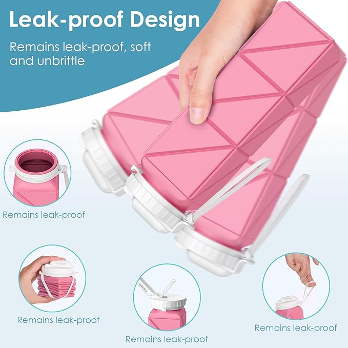Collapsible Water Bottles,BPA-Free Leak-Proof Silicone Foldable Water Bottle Cup 20.6oz,Durable Lightweight Bottle for Gym Travel Camping Hiking Running (Type2 Pink)