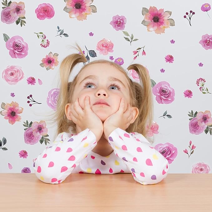 60 Pcs Flower Wall Decals, Watercolor Leaves Wall Stickers Flower Decor for Girls Bedroom Computer Lockers Living Room, 4 Sheets