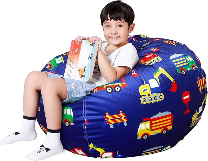 Lukeight Stuffed Animal Storage Bean Bag Chair Cover for Kids, Zipper Beanbag Chair Cover for Organizing Toddler and Kids' Rooms Plush Toys (Excavator Velvet, Large)