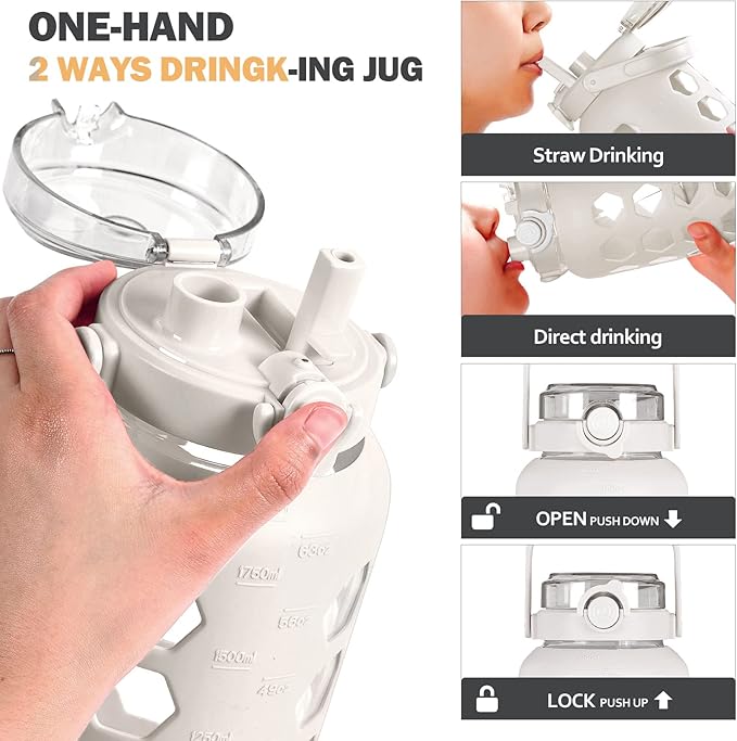 MUKOKO Half Gallon/64 oz Glass Water Bottles with Straw and Lid,Motivational Water Jug with Time Marker Reminder and Silicone Sleeve,100% Leakproof BPA Free Fitness Sports Large Bottle-White