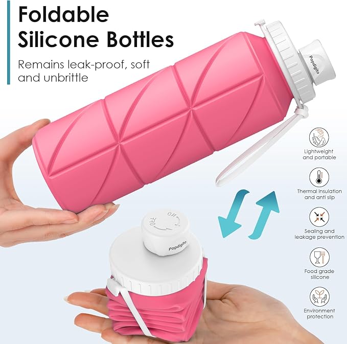 Collapsible Water Bottle Foldable Silicone Travel Water Bottle Leakproof Flexible BPA Free Portable,Folding Water Bottle Lightweight for Camping, Hiking,Sports Water Bottles Travel 23oz