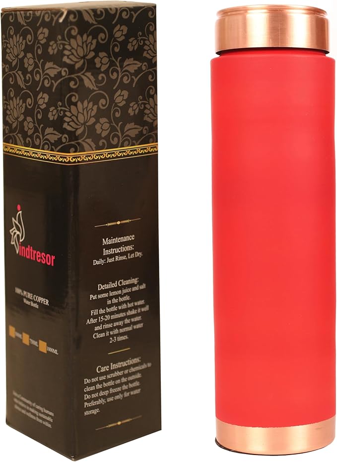 Pure Copper Water Bottle - Handcrafted - Ayurveda Health Benefits - 33 OZ - Leak proof - Easy to carry for Sports, Fitness, Yoga, School - Red Color Matte Finish Vintage Enamel.