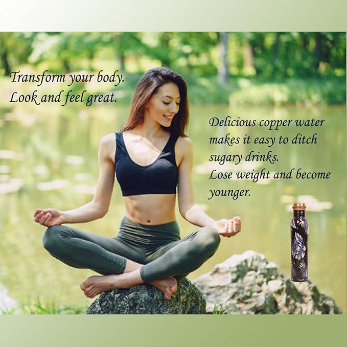 Pure Copper Water Bottle - Handcrafted - Ayurveda health benefits - Large 35 oz - Leak proof - Easy to carry for Sports, Fitness, Yoga, School - Indigo Blue Artistic Petals Motifs Enamel