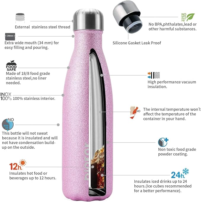 BJPKPK Insulated Water Bottles -17oz/500ml -Stainless Steel Water Bottles,Sports Water Bottles Keep Cold for 24 Hours and Hot for 12 Hours,BPA Free Water Bottle,Glitter Gold